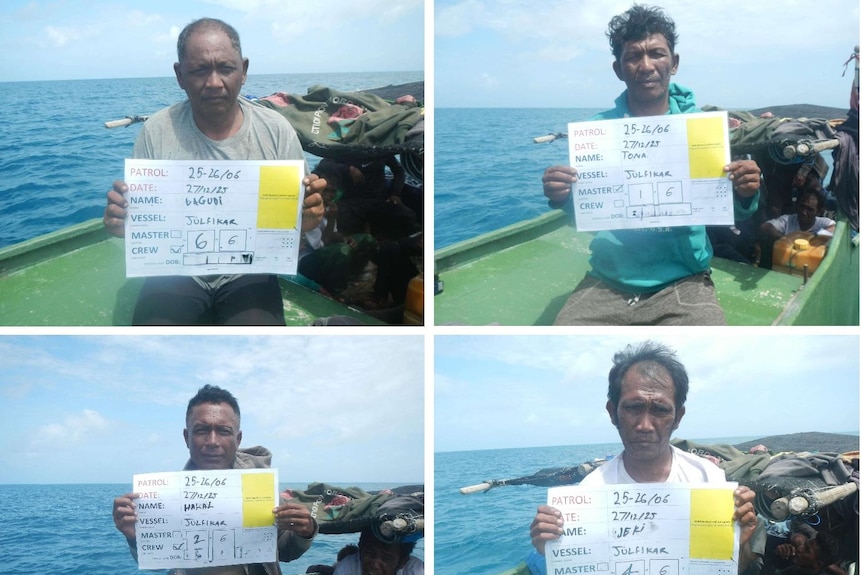 Four Indonesian fisherman sit detained on a boat in the ocean.