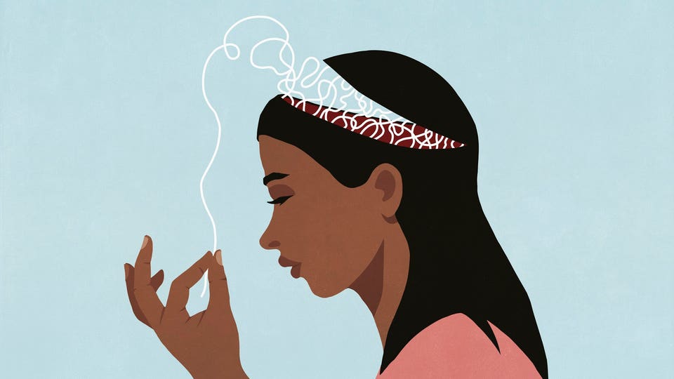 Profile woman with open head pulling at string