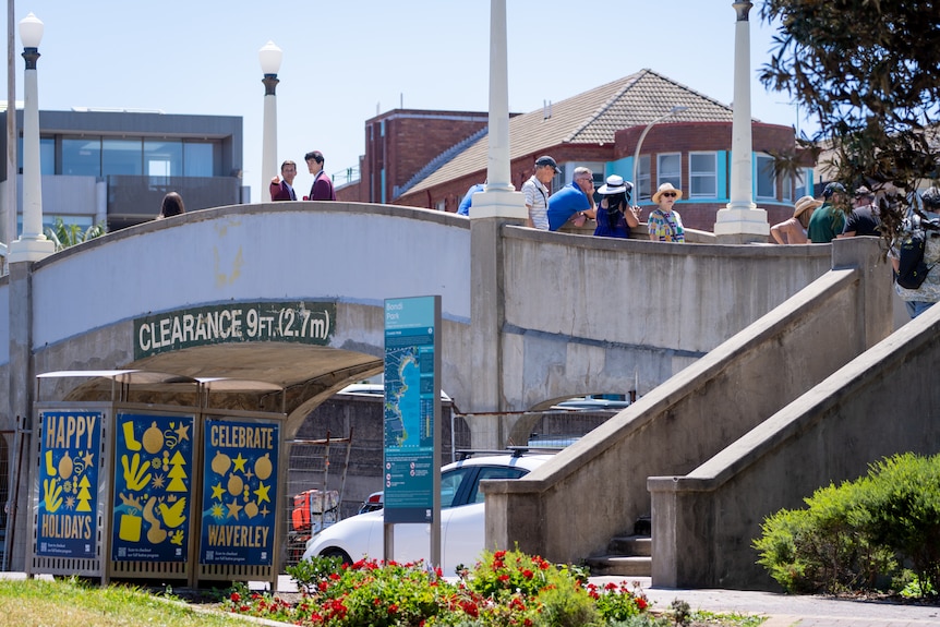 People mill about on low bridge.