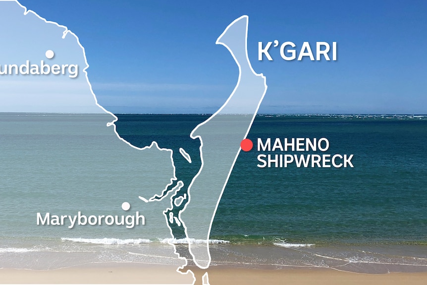 A location map with Bundaberg, Maryborough, K'gari and the Maheno shipwreck.