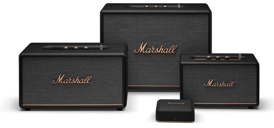 Marshall Heddon with Acton III, Stanmore III and Woburn III Bluetooth speakers.