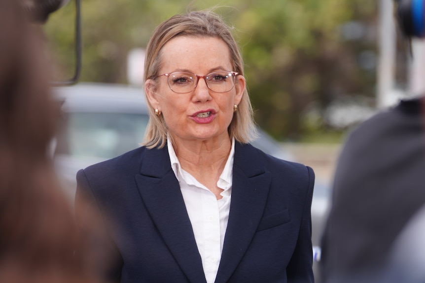Opposition leader Sussan Ley standing up a a press conference at the scene of the Bondi attack