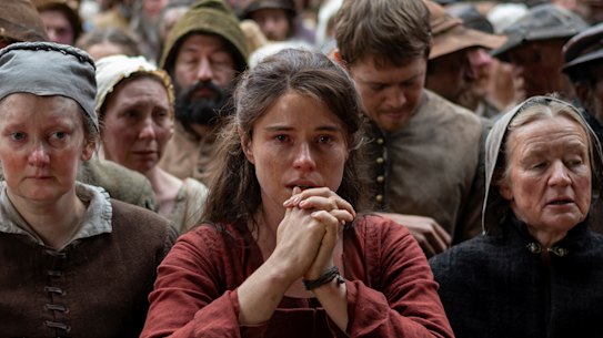 Jessie Buckley in Hamnet’s closing scene, as Agnes watches her husband’s new play.