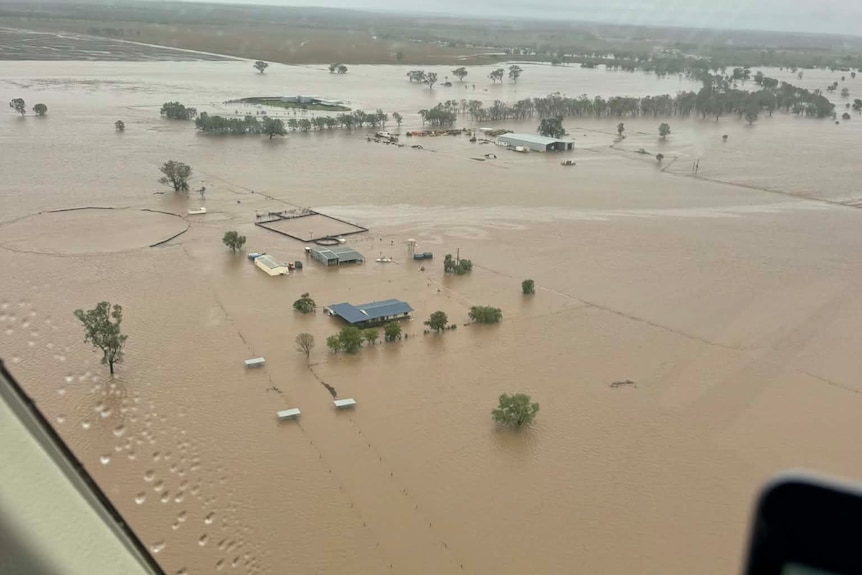 An aerial view of floodwaters at Clermont which have inundated the landscape.