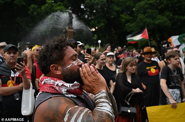 Invasion Day protest in Hyde Park during Australia Day 2026 celebrations, in Sydney, Monday, January 26, 2026. (AAP Image/Dean Lewins) NO ARCHIVING