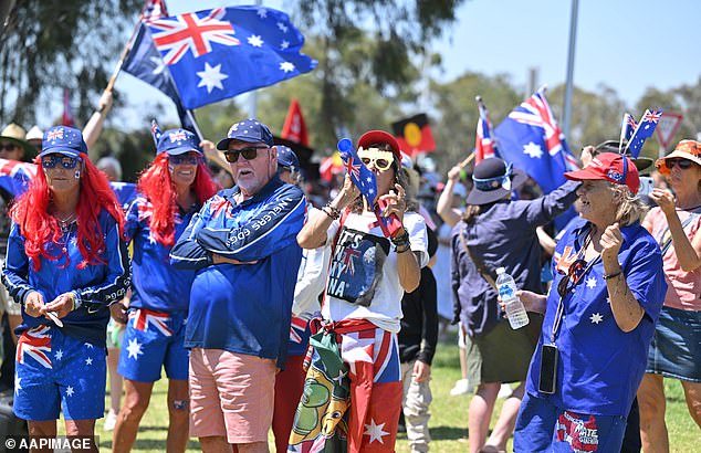 Anti-immigration March For Australia rally outside Parliament House in Canberra, Monday, January 26, 2026. (AAP Image/Mick Tsikas) NO ARCHIVING