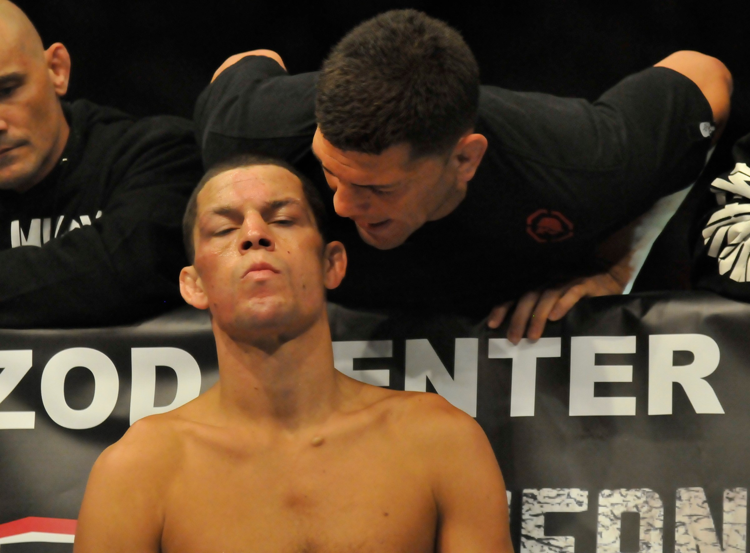EAST RUTHERFORD, NEW JERSEY - MAY 5, 2012: Nate Diaz receives last second advice from his brother Nick Diaz in his corner before a lightweight bout at Izod Center on May 5, 2012 in East Rutherford, New Jersey. (Photo by David Dermer/Diamond Images/Getty Images)