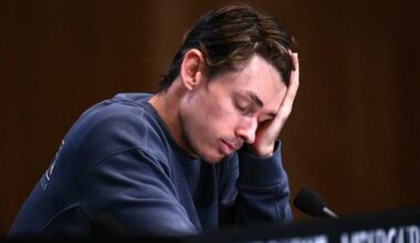 Alex de Minaur was dejected after his seventh successive grand slam quarter-final loss.  Photo: Joel Carrett/AAP PHOTOS