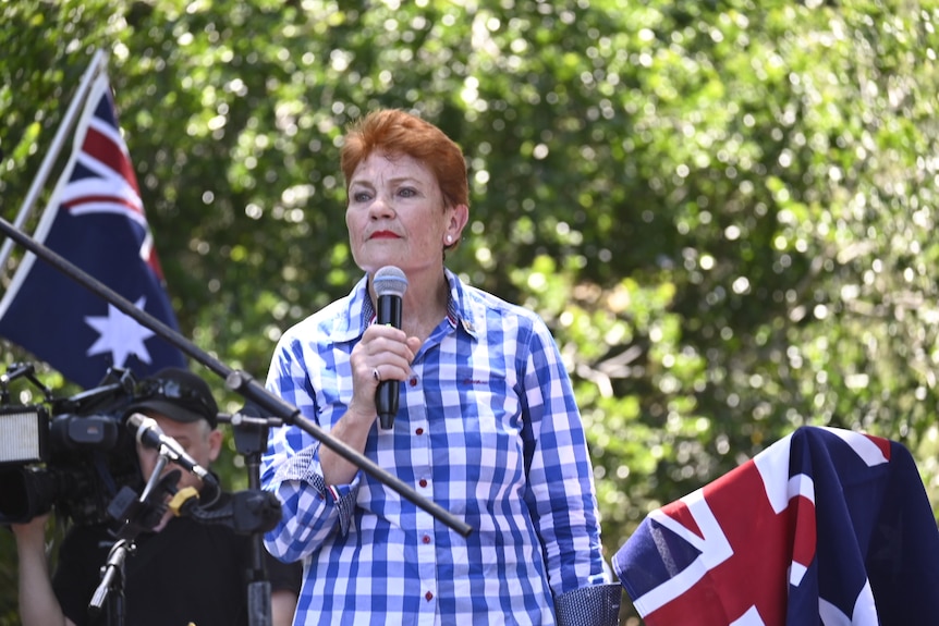 Pauline Hanson standing on a stage wearing a blue and white checked shirt, holding microphone, Australian flags in background