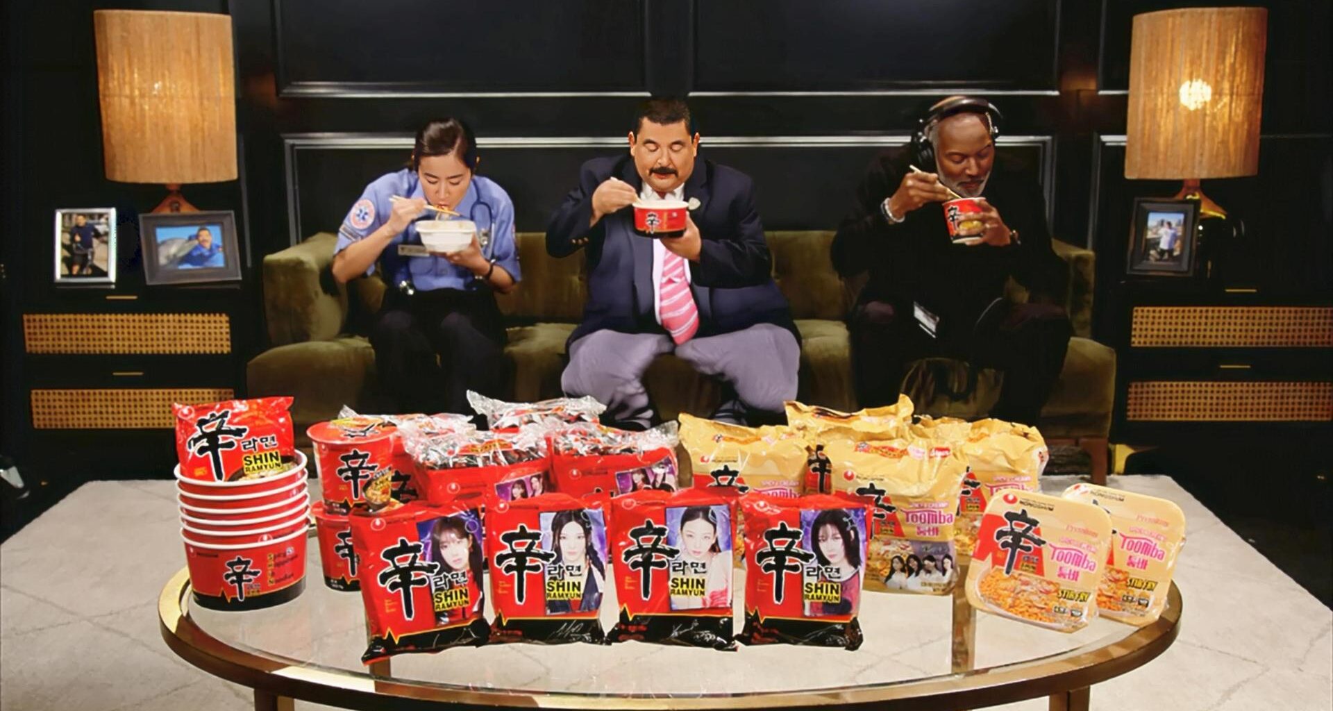 Members of the skit cast of ABC’s “Jimmy Kimmel Live!” eat Shin Ramyun during a segment that aired Monday (local time). Courtesy of Nongshim