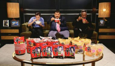 Members of the skit cast of ABC’s “Jimmy Kimmel Live!” eat Shin Ramyun during a segment that aired Monday (local time). Courtesy of Nongshim