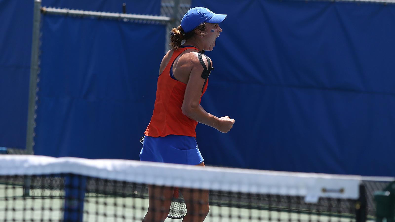 Emily Seibold follows through on a forehand against No. 11 NC State