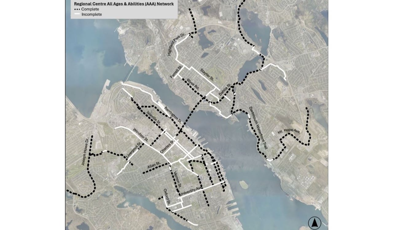 A map of the urban centre of Halifax shows where segments of the network have been finished, and where connections are missing.