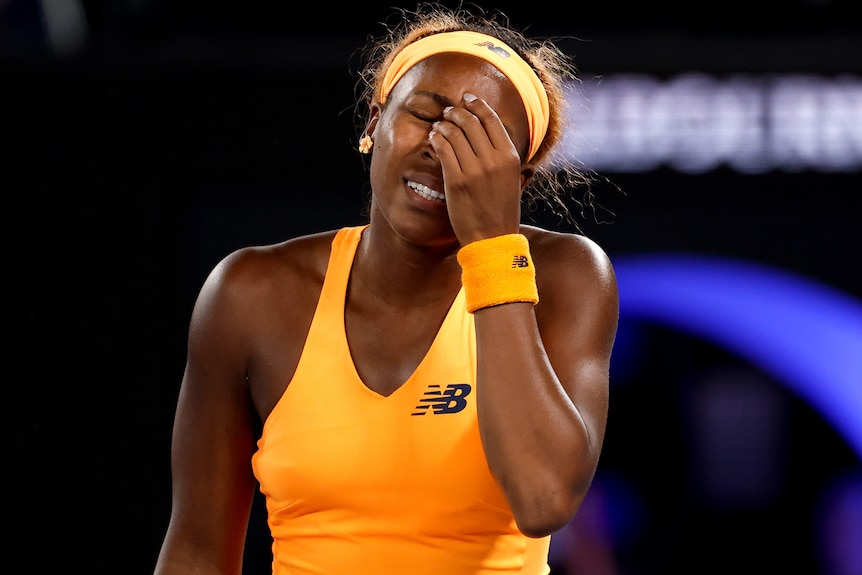 Coco Gauff grimaces during an Australian Open match.