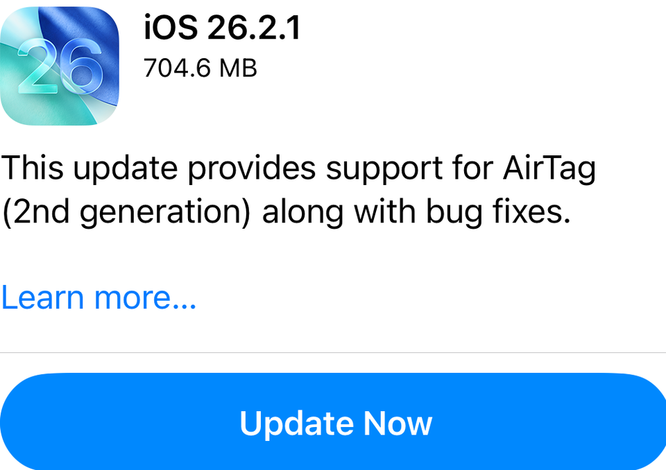 Apple iOS 26.2.1 displayed on an iPhone 16 Pro screen