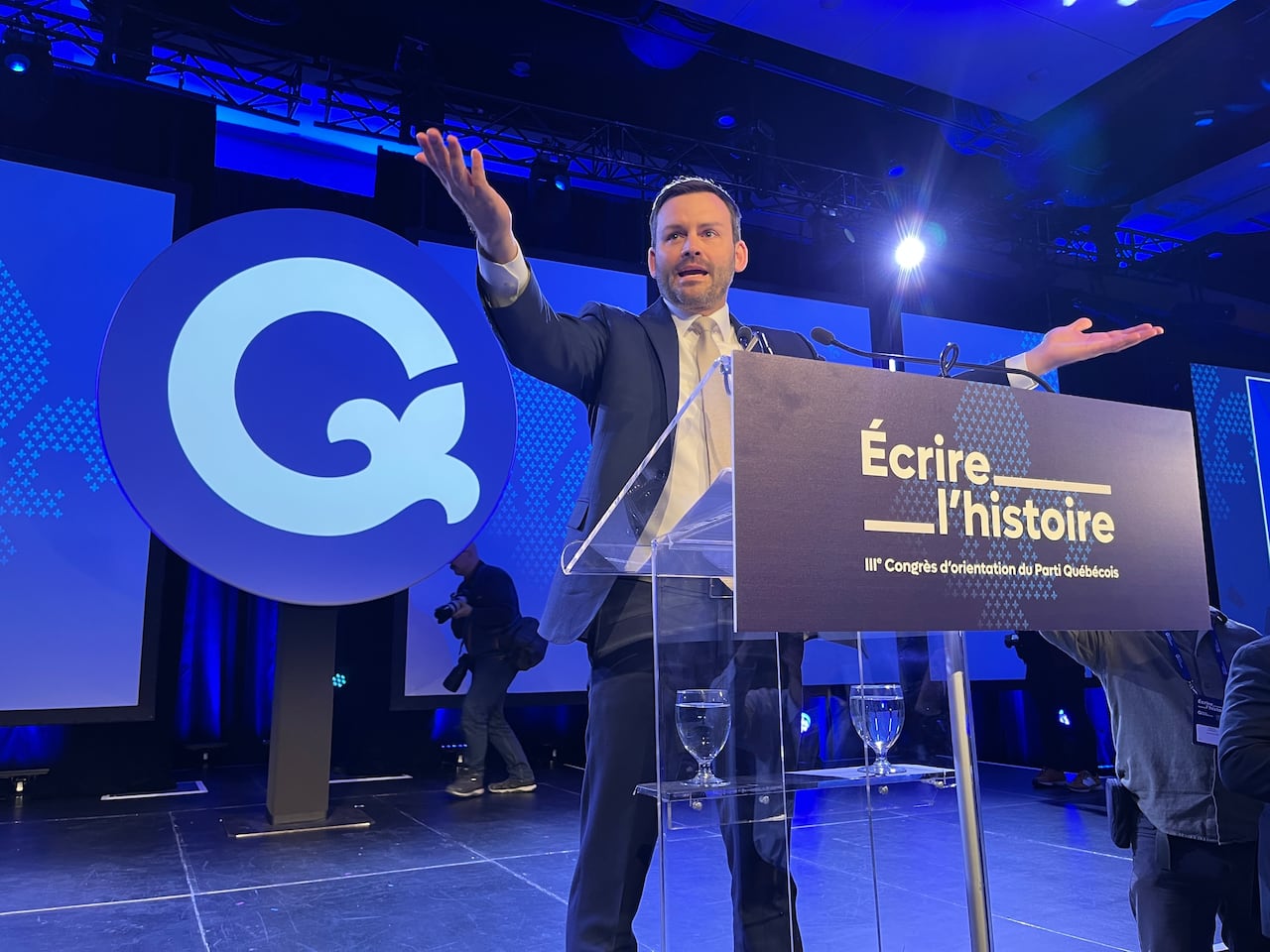  Parti Québécois Leader Paul St-Pierre Plamondon addresses party members during a convention 