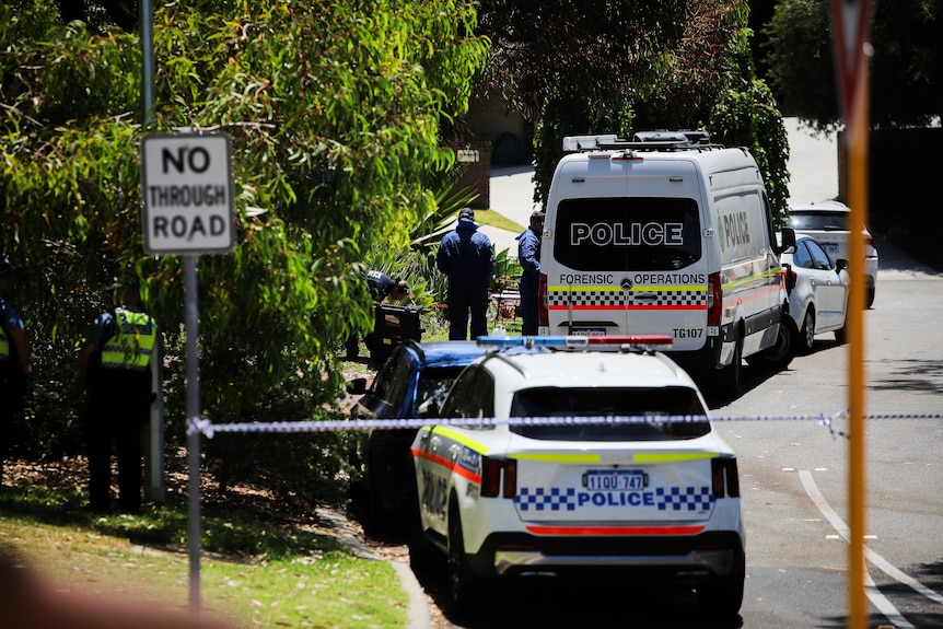 A long shot of police outside a suburban property