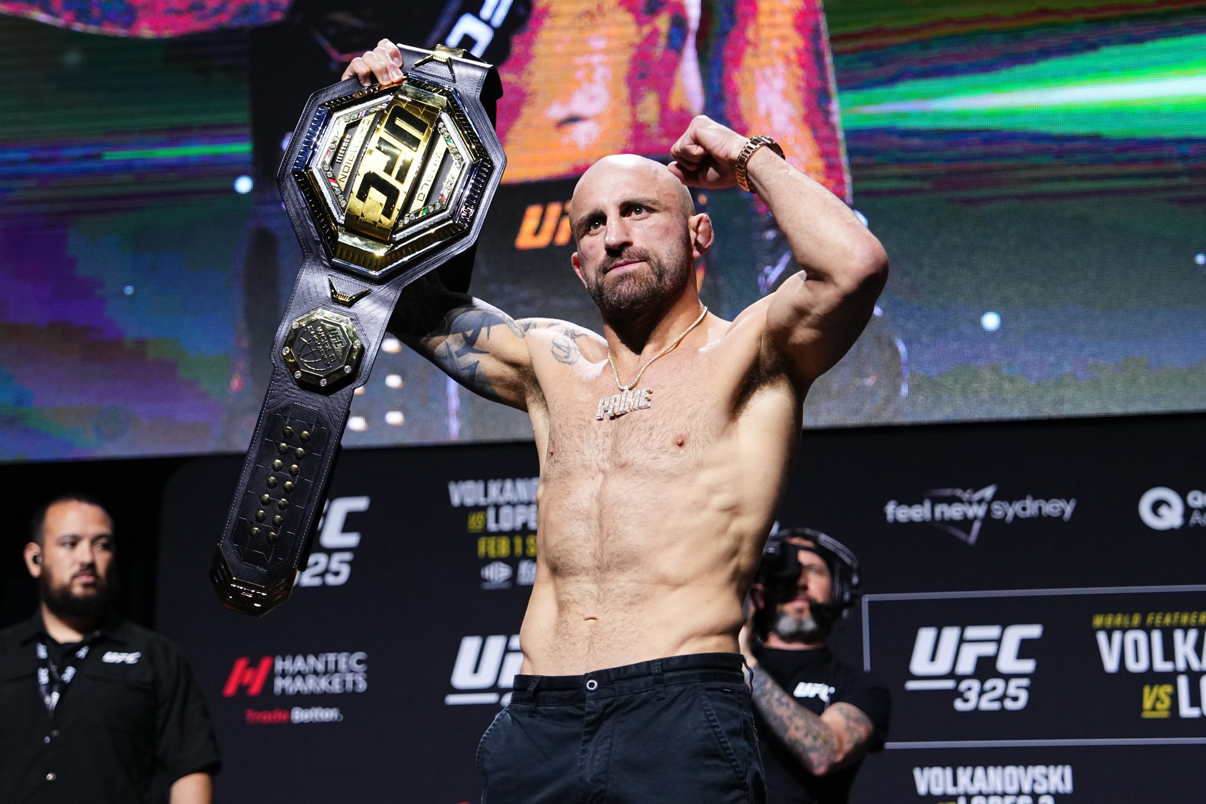 SYDNEY, AUSTRALIA - JANUARY 29: Alexander Volkanovski of Australia is seen on stage during the UFC 325 Press Conference at Sydney Event Centre on January 29, 2026 in Sydney, Australia. (Photo by Jeff Bottari/Zuffa LLC)