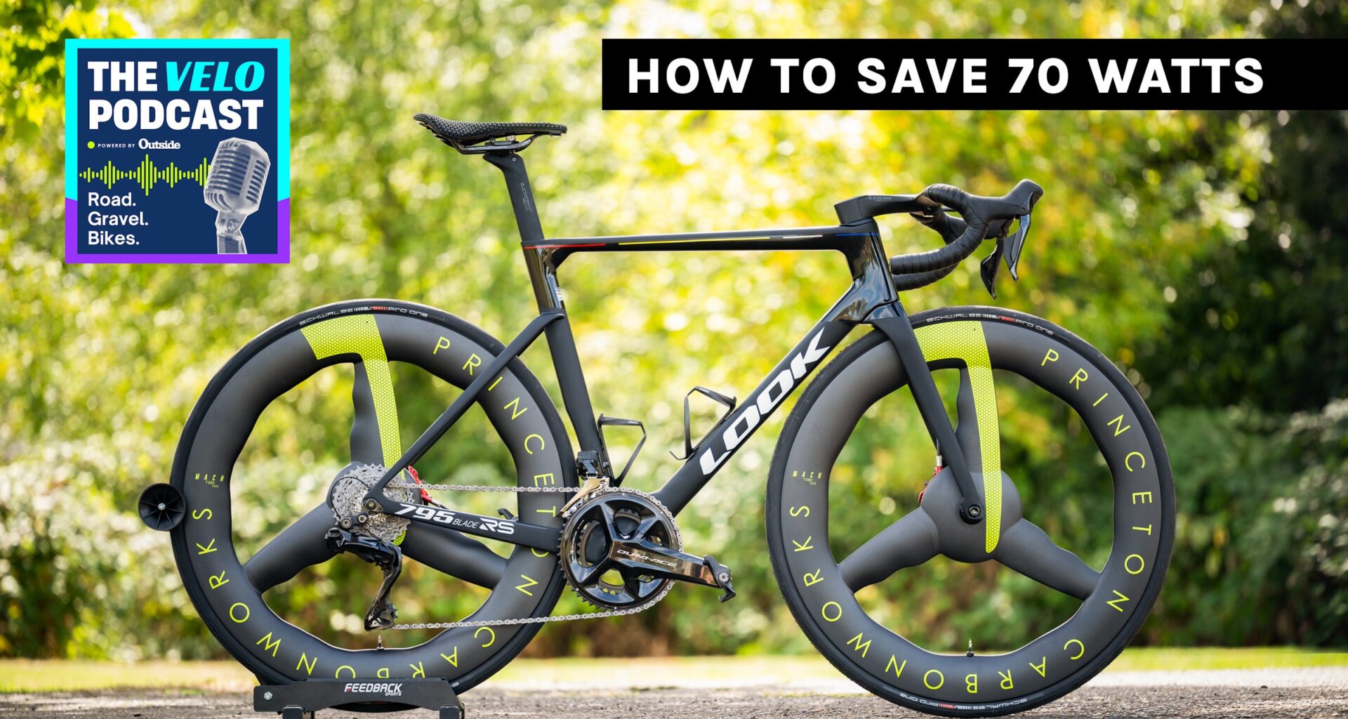 A high-performance Look 795 Blade RS road bike equipped with distinctive Princeton CarbonWorks tri-spoke wheels, illustrating a technical study on how aerodynamics can bridge a 70-watt power gap.