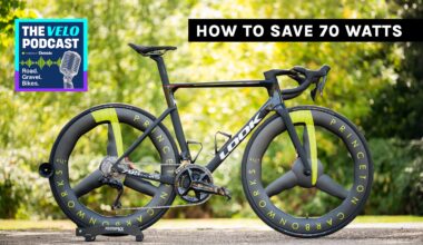 A high-performance Look 795 Blade RS road bike equipped with distinctive Princeton CarbonWorks tri-spoke wheels, illustrating a technical study on how aerodynamics can bridge a 70-watt power gap.