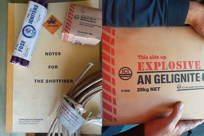 Two images depict a fuse, rope, guide book and packet of gelignite given to prospectors in the 1970s and 1980s.
