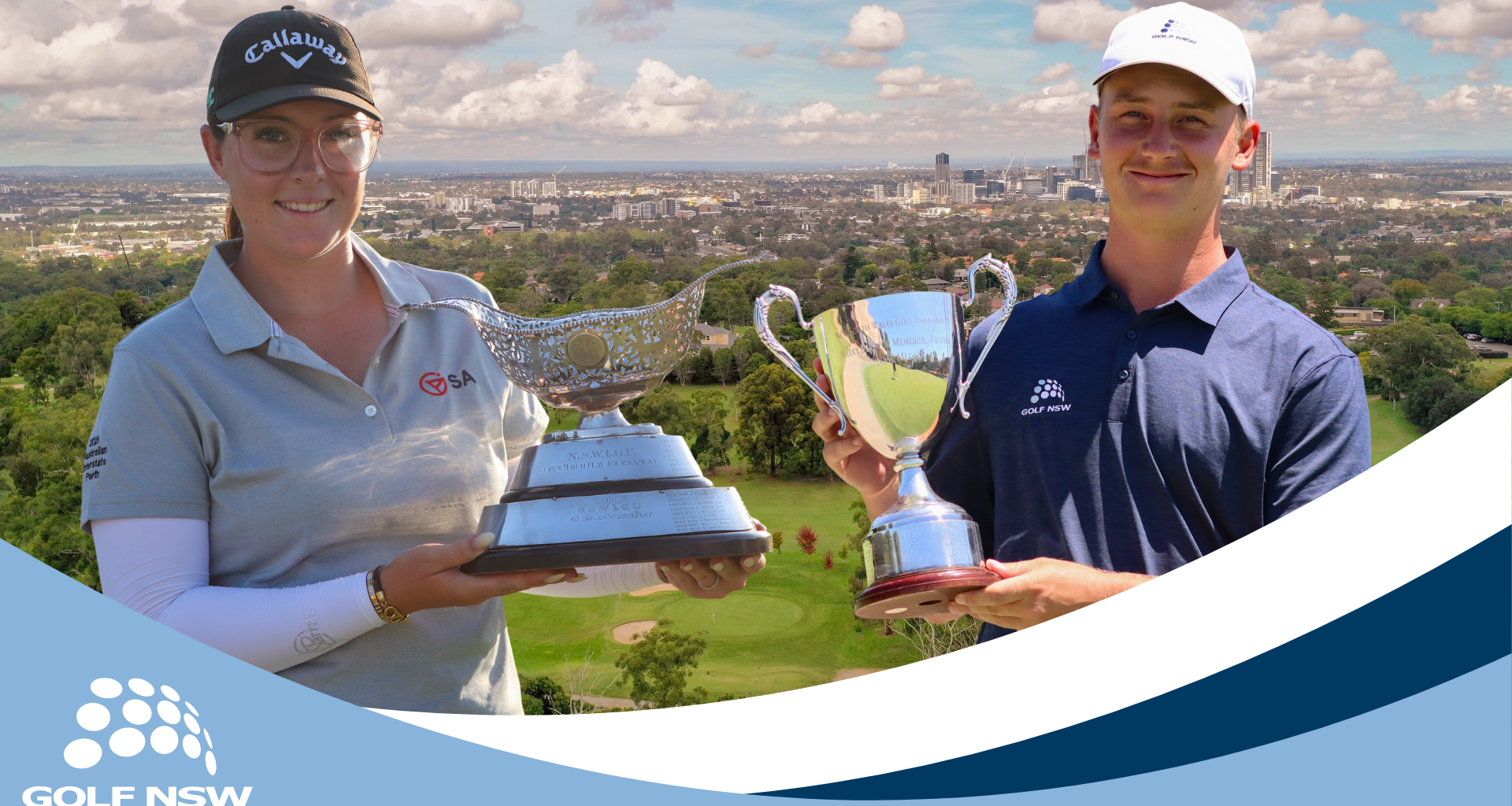 A collage of Amelia Whinney and Jye Halls with their trophies