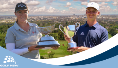 A collage of Amelia Whinney and Jye Halls with their trophies
