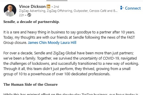 A LinkedIn post from Vince Dickson bidding goodbye to "Sendle, a decade of partnership."