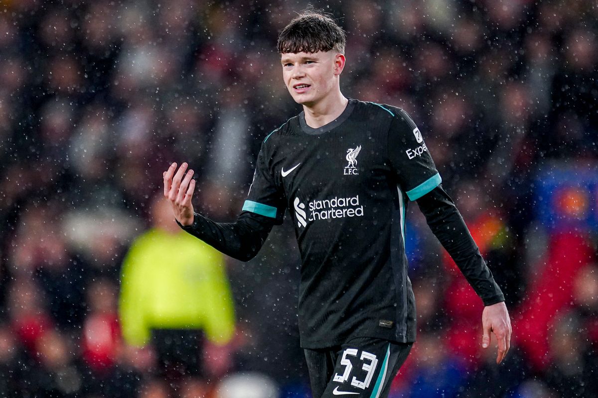 EINDHOVEN, NETHERLANDS - JANUARY 29: James McConnell of Liverpool looks on during the UEFA Champions League 2024/25 League Phase MD8 match between PSV Eindhoven and Liverpool FC at PSV Stadion on January 29, 2025 in Eindhoven, Netherlands. 