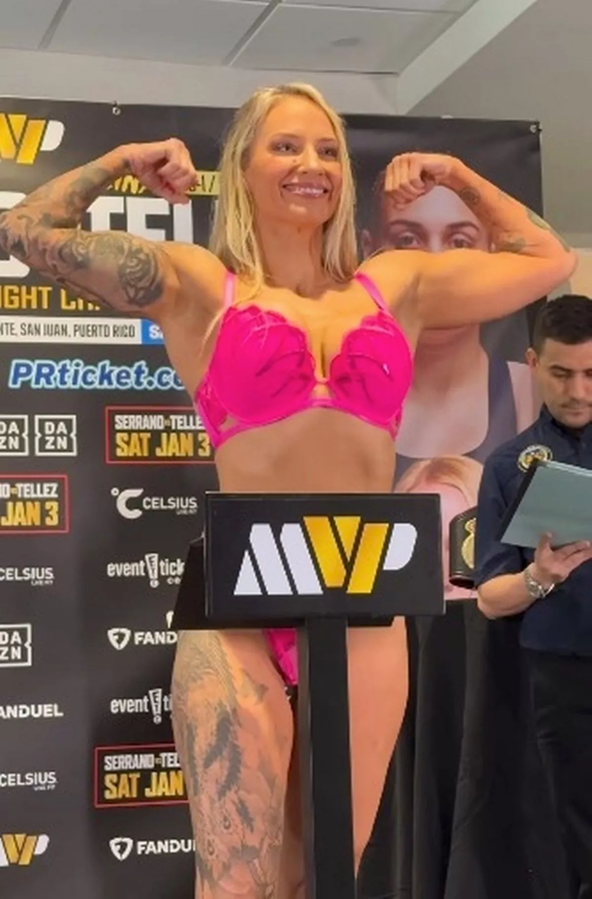 Ebanie Bridges looked pretty in pink at her latest boxing weigh-in