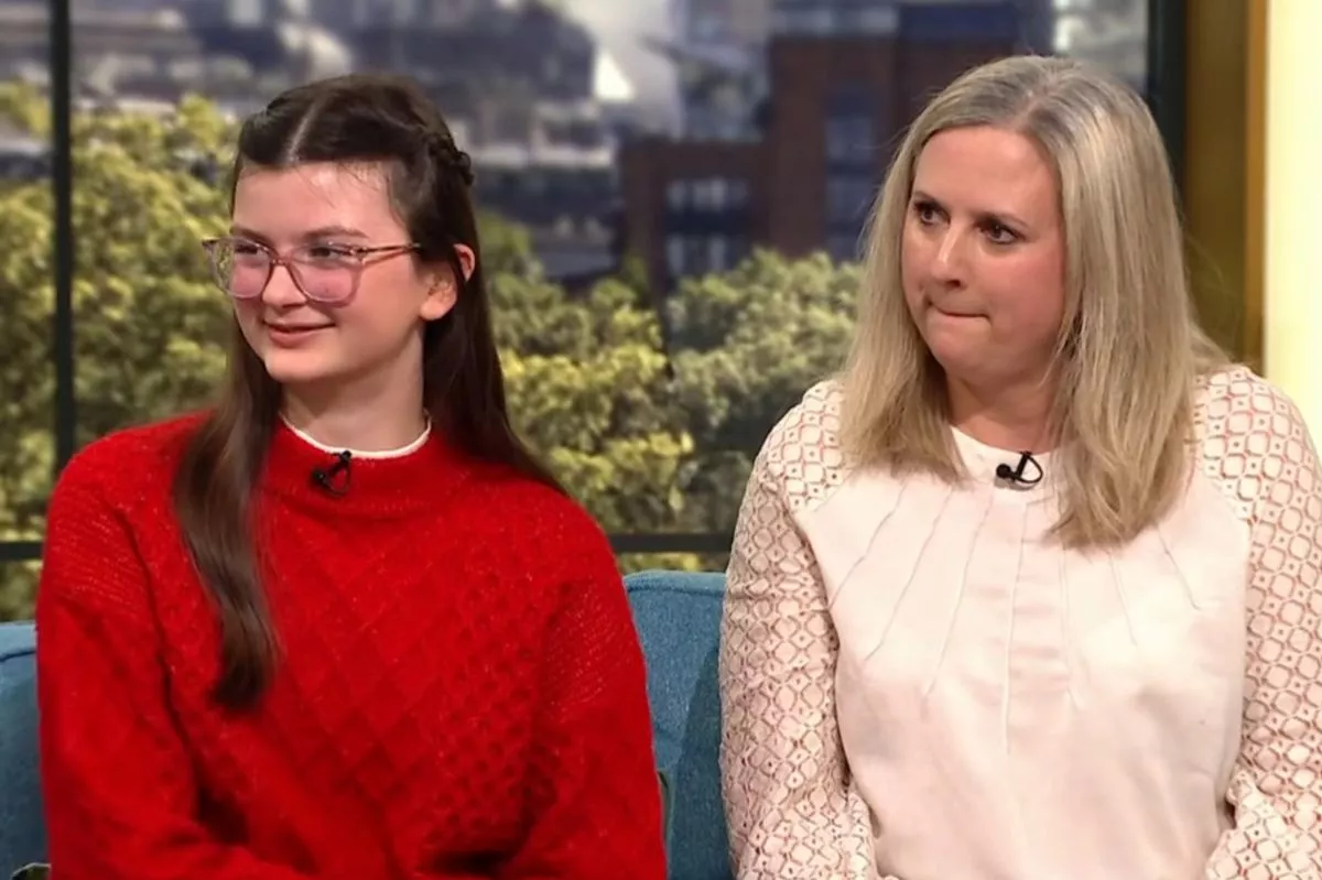 A girl in a red jumper and a woman in a white top on This Morning