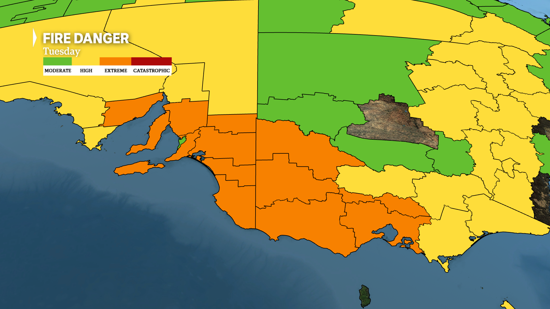 a weather map shows fire danger is rated as extreme on Tuesday across much of southern Australia