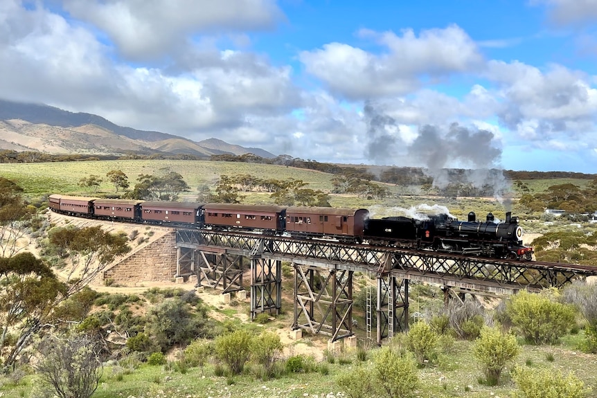 Steam engine crossing a railway bridge.