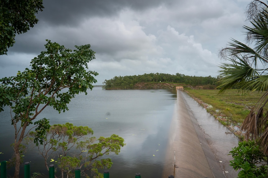 Water flows over a spillway