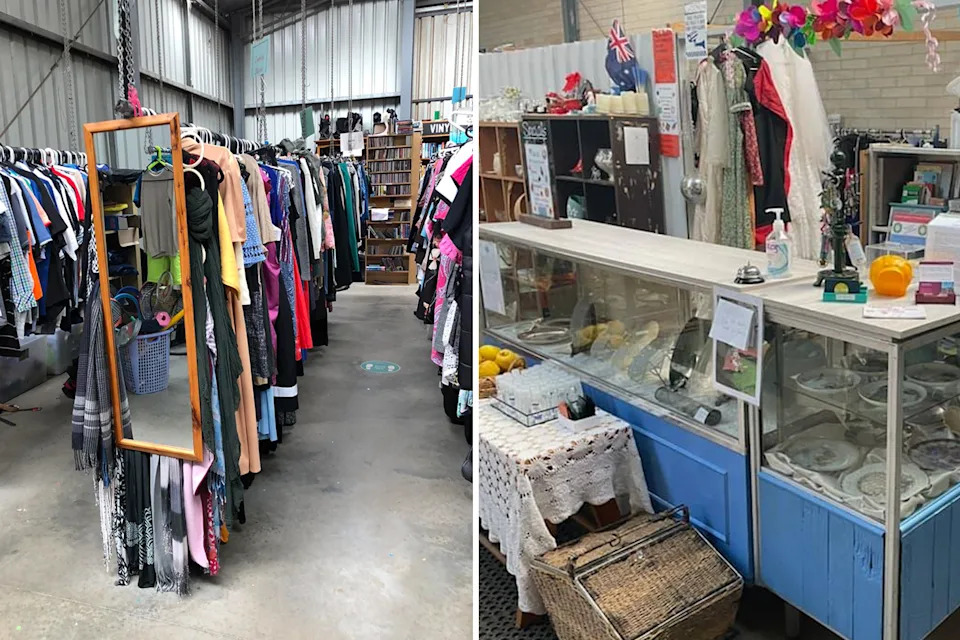Left, clothing stock at the Daylesford op shop. Right, the checkout counter in the store. Source: Daylesford Community Op Shop/Facebook