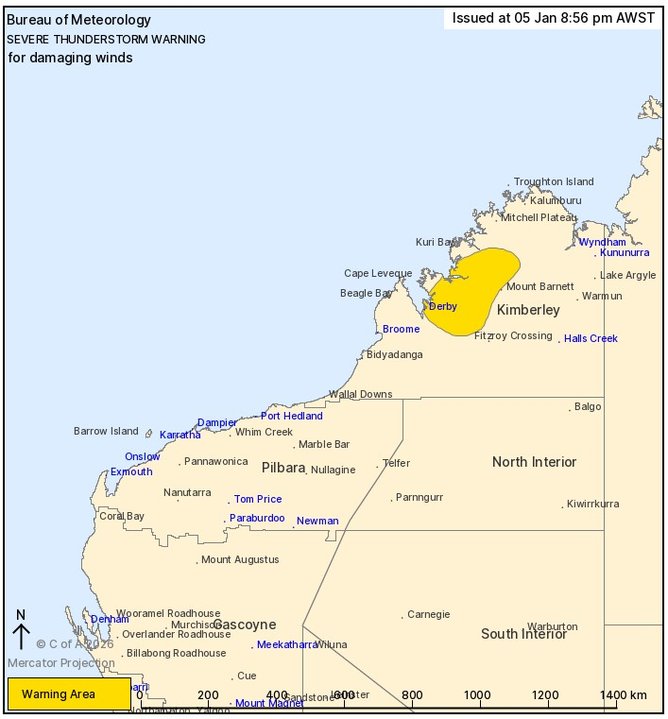 The thunderstorm warning has been issued for the area in dark yellow.