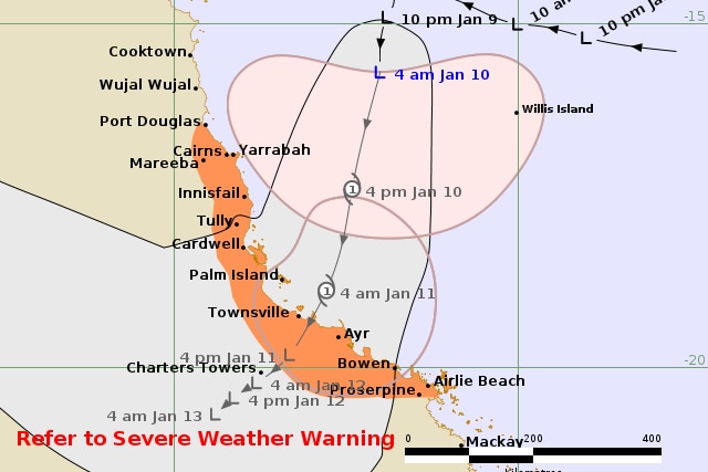 A BOM track map shows the path of a tropical low as it intensifies into a cyclone and makes landfall over Townsville. 