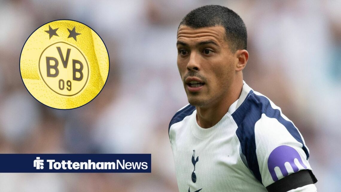 Pedro Porro playing for Tottenham looking towards a circle inset of the Borussia Dortmund badge