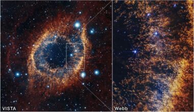 The image of the Helix Nebula on the left is from the ESO's VISTA telescope in Chile, a visual and infrared telescope with a 4.1 meter primary mirror. On the right is a JWST image of the nebula taken with its NIRCam instrument. Image Credit: ESO, VISTA, NASA, ESA, CSA, STScI, J. Emerson (ESO); Acknowledgment: CASU
