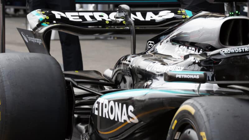 Low downforce Mercedes rear wing before the 2025 Azerbaijan Grand Prix