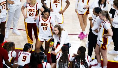 USC women's basketball huddles during a timeout