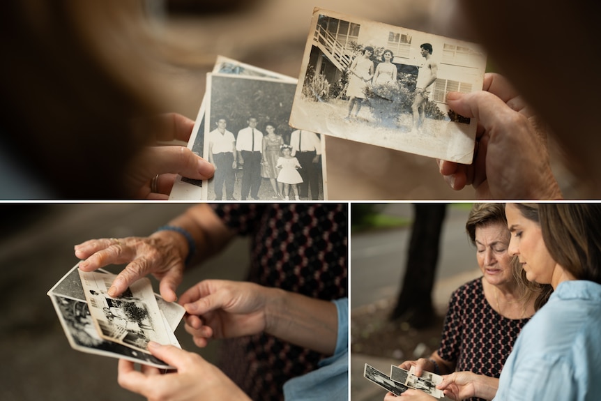 Three-image collage of women standing together, young and aged hands holding black and white, sepia toned printed photos.