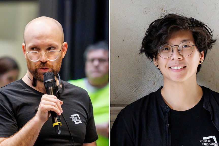 A composition of two headshots showing two people