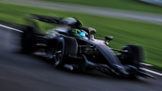 Sergio Perez at the wheel of the new Cadillac F1 car in a shakedown at Silverstone ahead of the team's debut in 2026.
