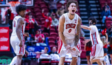 UNLV guard Dra Gibbs-Lawhorn (0) is pumped up as he hits a three-point basket and adds to their ...