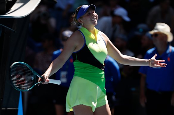 Amanda Anisimova celebrates her fourth-round victory.