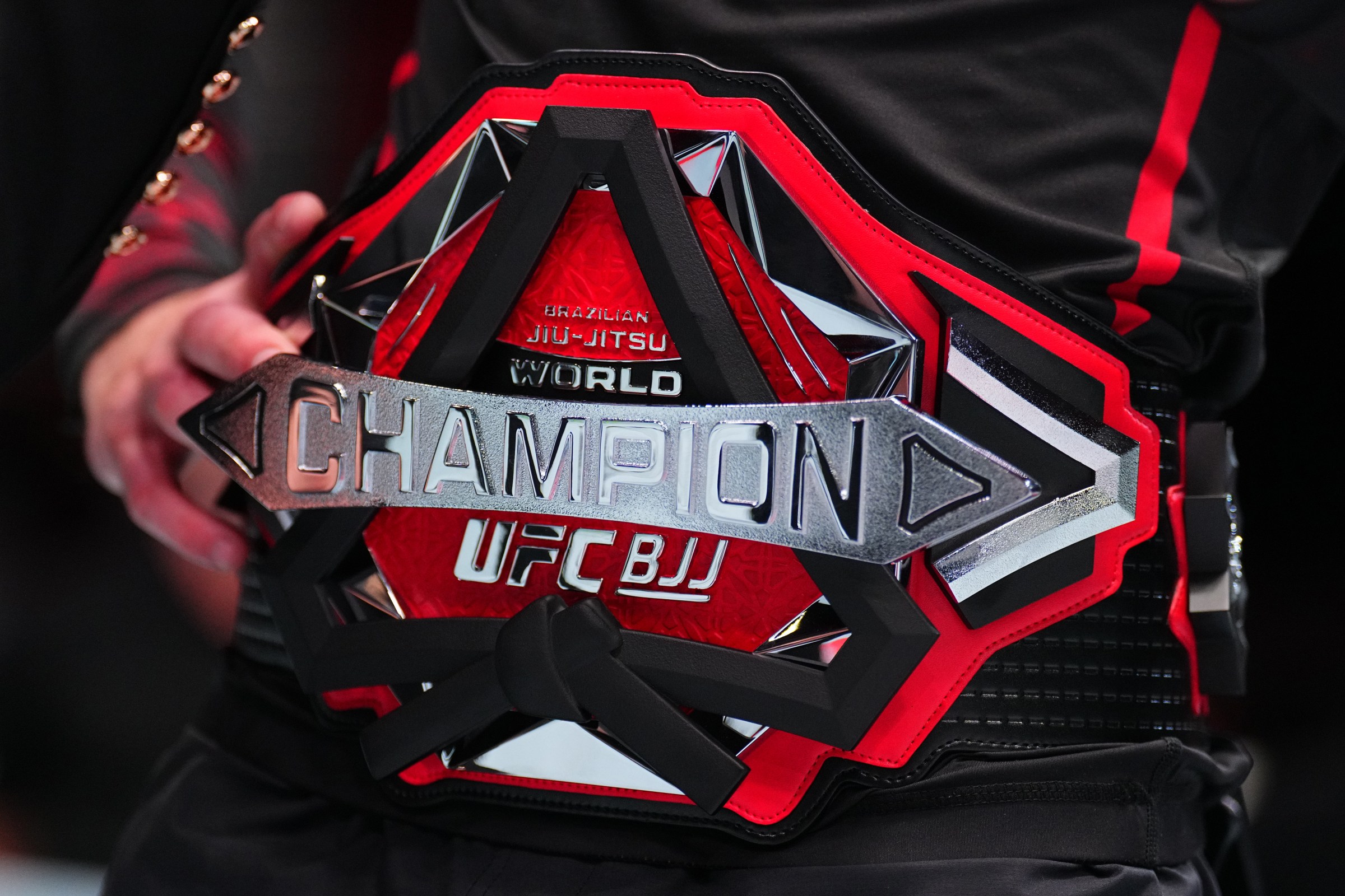 LAS VEGAS, NEVADA - JUNE 25: A detail view of the UFC BJJ welterweight championship belt around the waist of Andrew Tackett during the UFC BJJ event at UFC APEX on June 25, 2025 in Las Vegas, Nevada. UFC BJJ 1: Musumeci v Gabriel