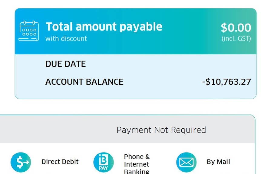 An energy bill showing an account balance of -$10,763.27.