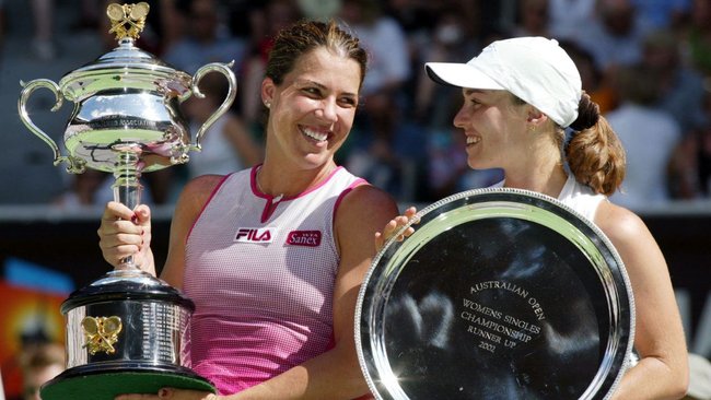 Capriati celebrates her 2002 Australian Open title.