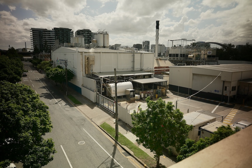 Looking over a road towards the factory.